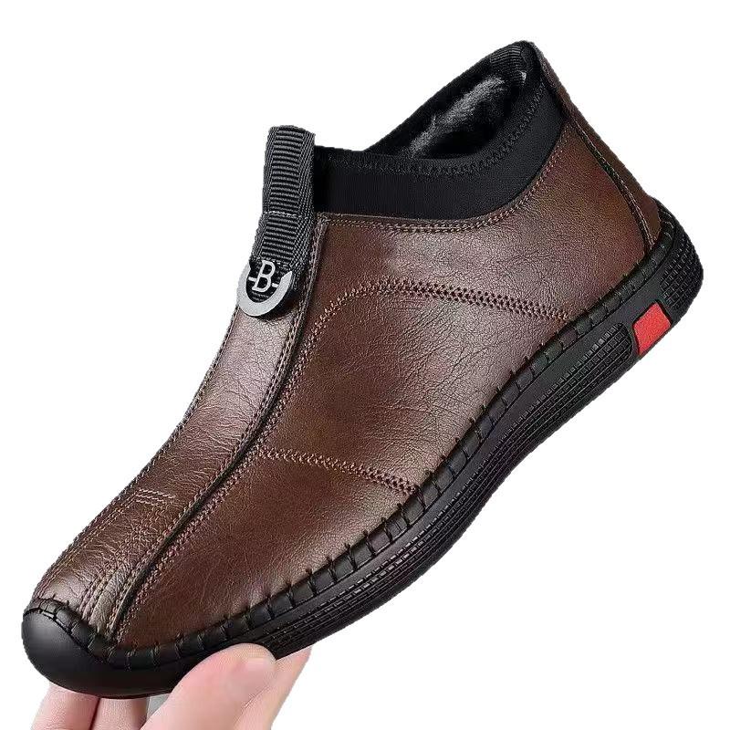 Мужские кожаные слипоны - на бархатной подкладке, теплые, универсальные, в корейском стиле для осени и зимы