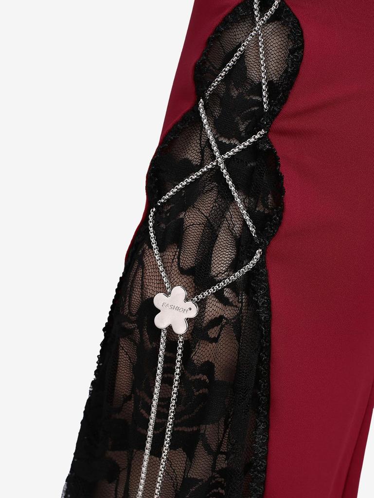Rosegal Plus Size Цветочные кружевные карманы Цепочки плетеные брюки клеш