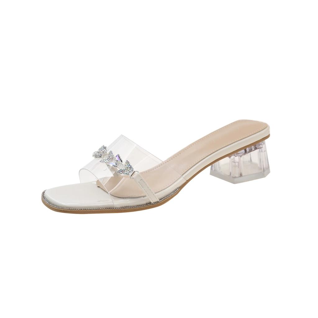 Fish Mouth Transparent Sandals Women's High Heels Fine Heel Rhinester Fairy Wind 2024 New Summer High Heels Slippers