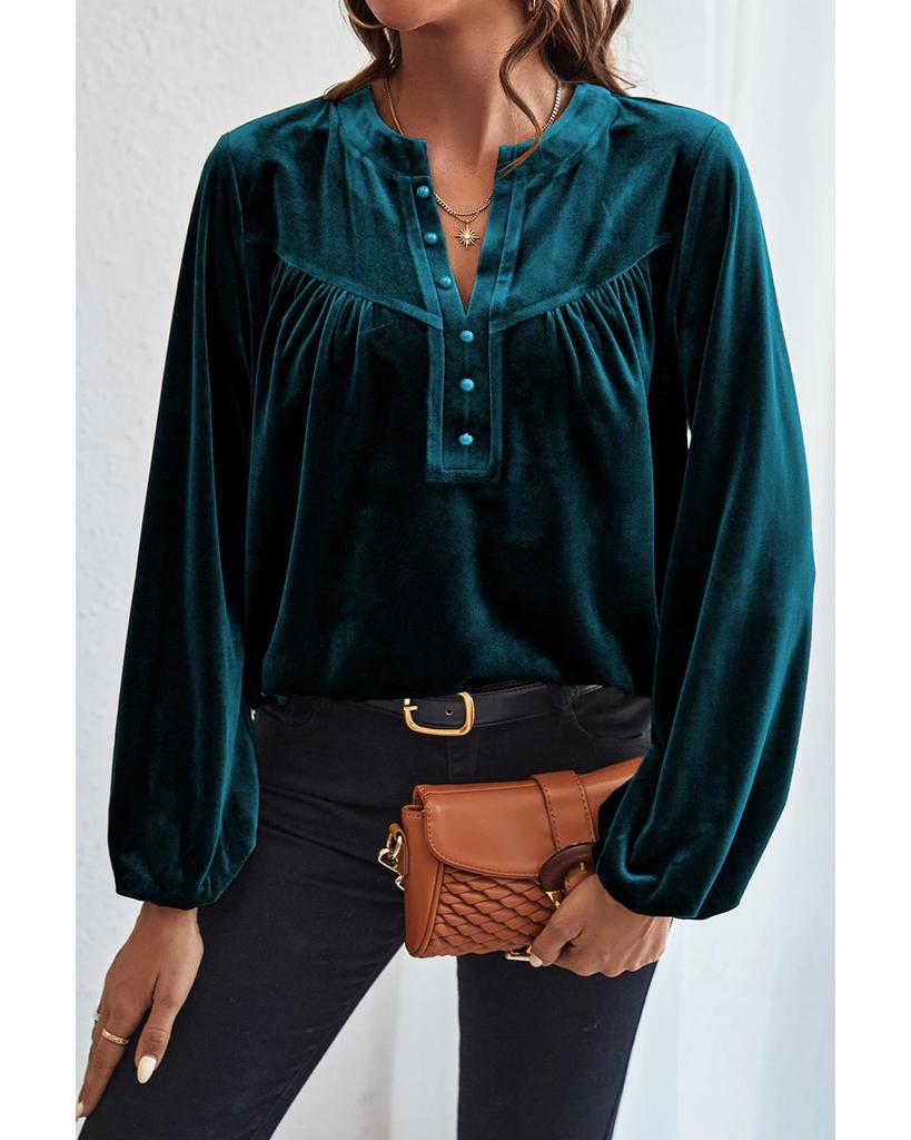Azura Exchange Skobeloff Lantern Sleeve Beaded Split V Neck Velvet Top