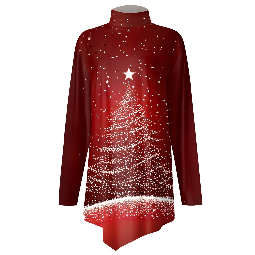 Casual Fashion Christmas Print Shirt Tops High Neck Irregular Hem Long Sleeve Pullover Tops