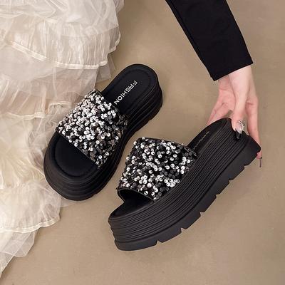 Шлепанцы на толстой подошве для лета 2025 года, новые универсальные шлепанцы с пайетками, корейская версия сандалий феи, тренд