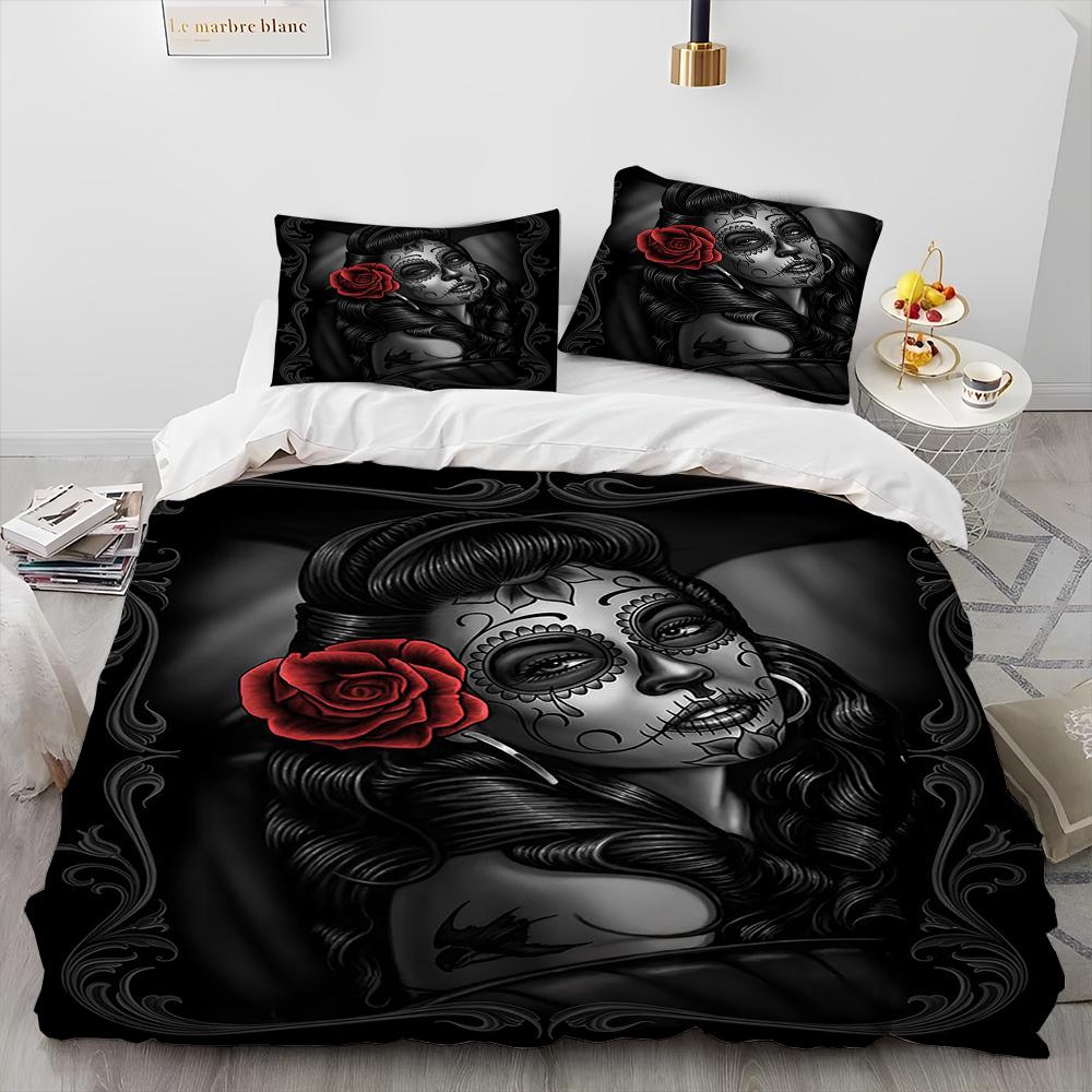 3D Horror Gothic Female Skull Dead Girl Comforter Bedding Set,Duvet Cover Bed Set Quilt Cover Pillowcase,Queen Size Bedding Set