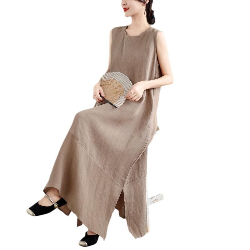 Summer New Loose A-shaped Big Swing Vest Skirt Women's Versatile Round Neck Sleeveless Solid Color Cotton and Linen Dress