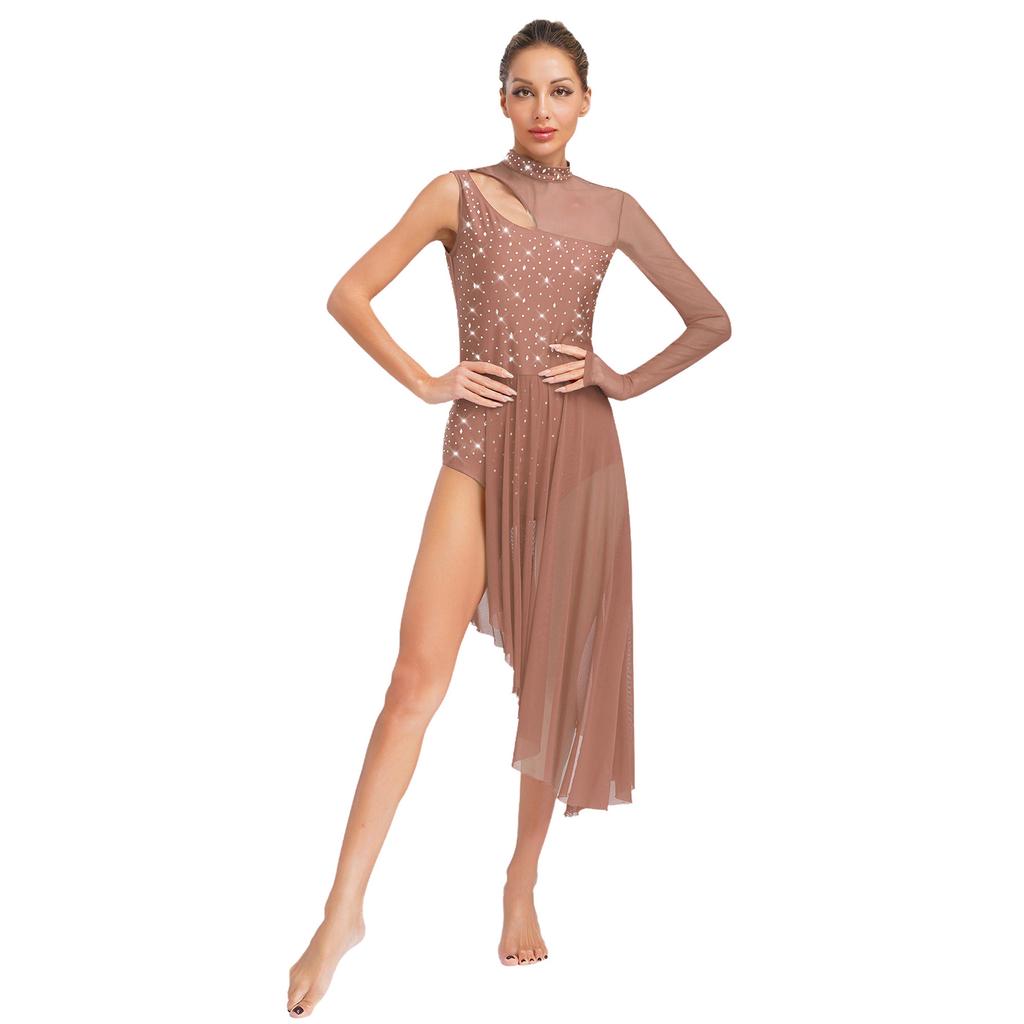 Women Asymmetrical Lyrical Dance Dress S-XXL - Mock Neck Cutout Sheer Mesh Patchwork Shiny Rhinestones Side Split Dancewear