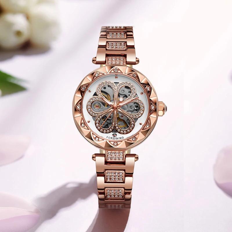 Forsining Elegant Fashion Women Automatic Mechanical Watches Luxury Diamond Stainless Steel Waterproof Ladies Stylish Wristwatch