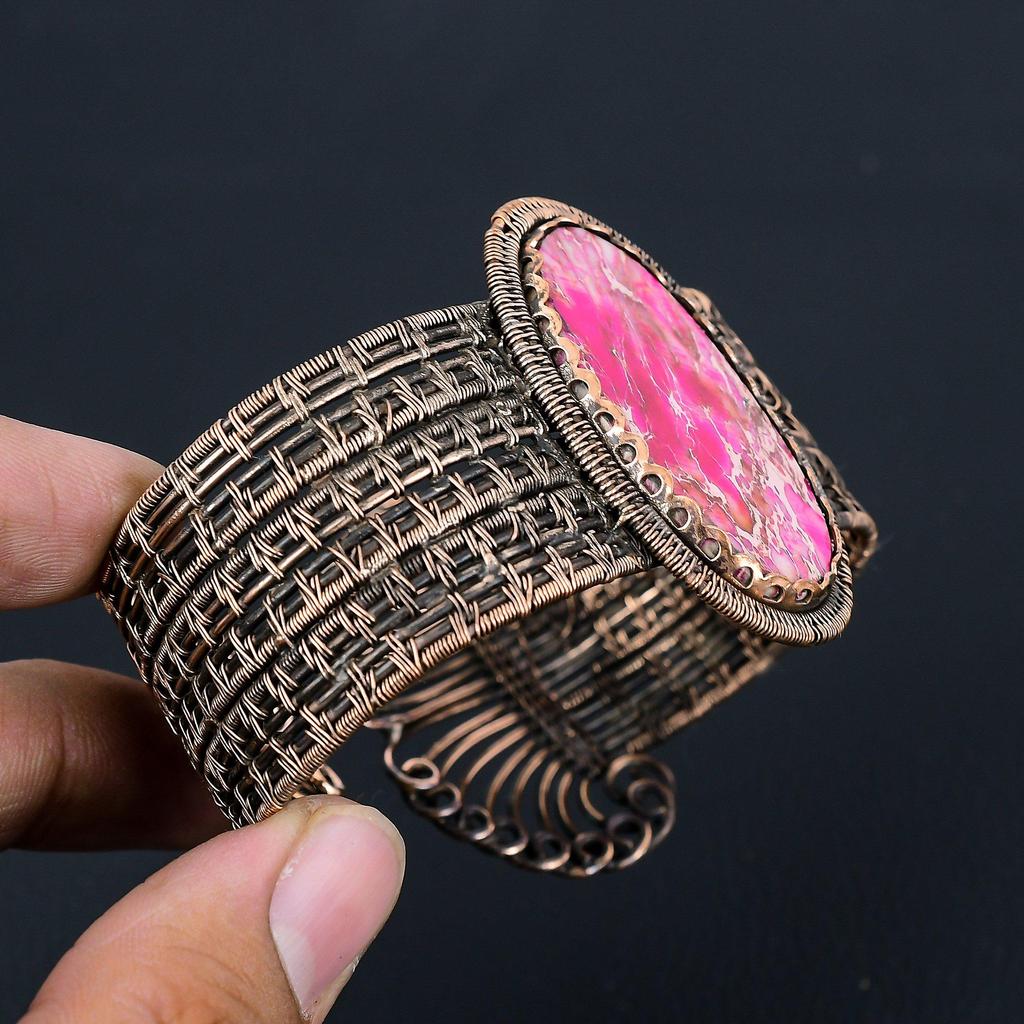 Розовый морской осадок, драгоценный камень, чистая медная проволока, манжеты ручной работы/браслет, регулируемые ювелирные изделия