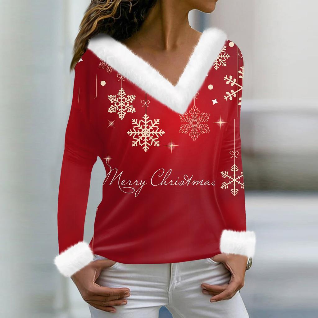 Women's Fashion Casual Long Sleeve V-Neck Christmas Printed Plush Top