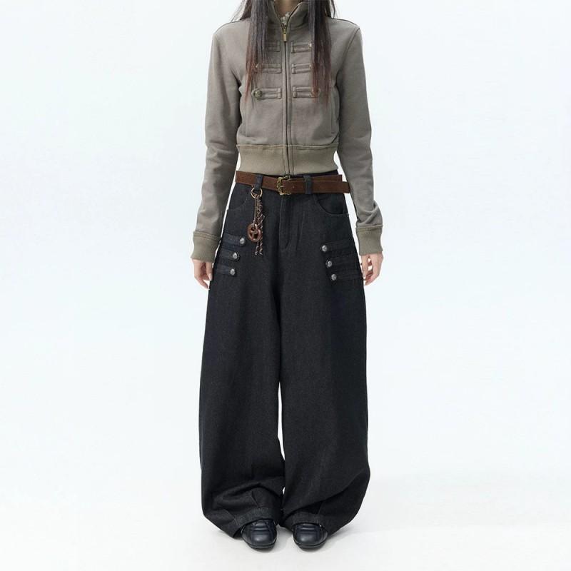 Womens Plus Size High-Waist Wide Leg Cropped Denim Pants Black Vintage Style Button Detail Loose Fit