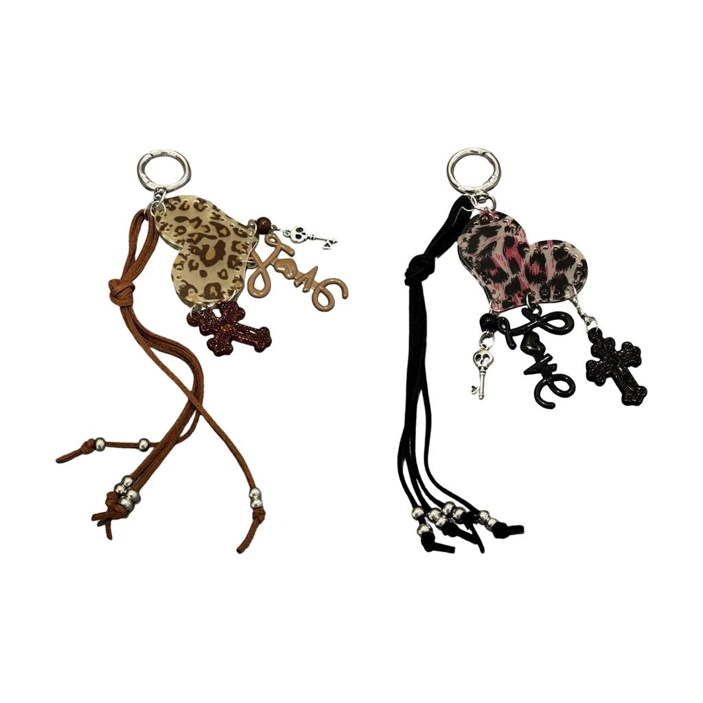 Stylish Leopard Print Heart Keyring Acrylic Pendant Keychain Bag Charm for Women Lady Fashion Accessories