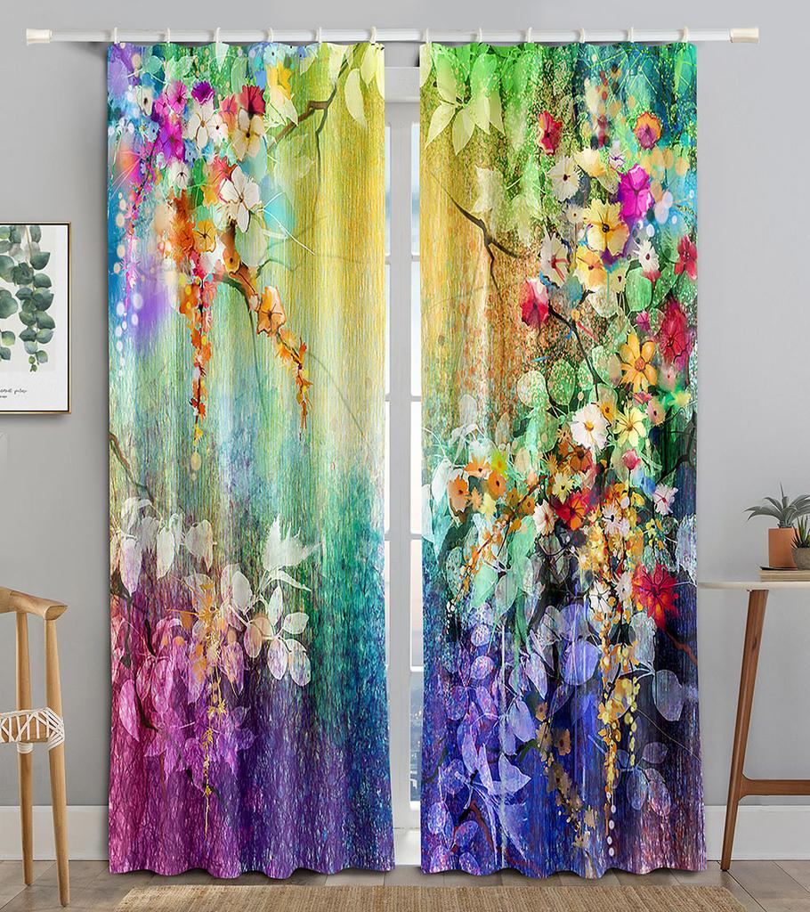 2 Panels Flower Path Printed Curtain Rod Pocket Semi Blackout Window Treatment For Bedroom Office Kitchen Living Room Study Home