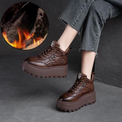 Модные лоферы GKTINOO для женщин 7 см, ретро, из натуральной кожи, ботильоны до щиколотки, британские, осенне-зимние, плюшевые мокасины, обувь на плоской резиновой подошве