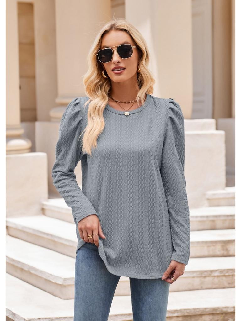 2024 Новая осенняя мода Повседневная круглая горловина однотонная трикотажная жаккардовая женская футболка с рукавами-пузырями и узорами из жареного теста