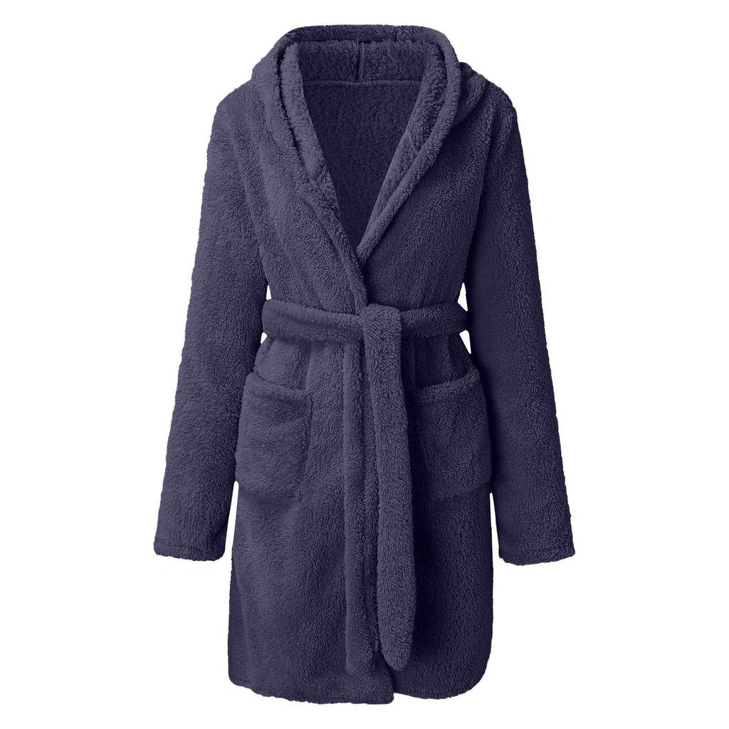 Women's Plush Hooded Bathrobe - Solid Color, Warm Pajamas for Autumn and Winter