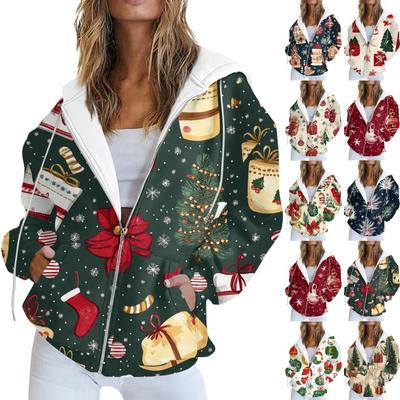 Женская повседневная рождественская печатная толстовка на осень и зиму с длинными рукавами и карманом на молнии с капюшоном