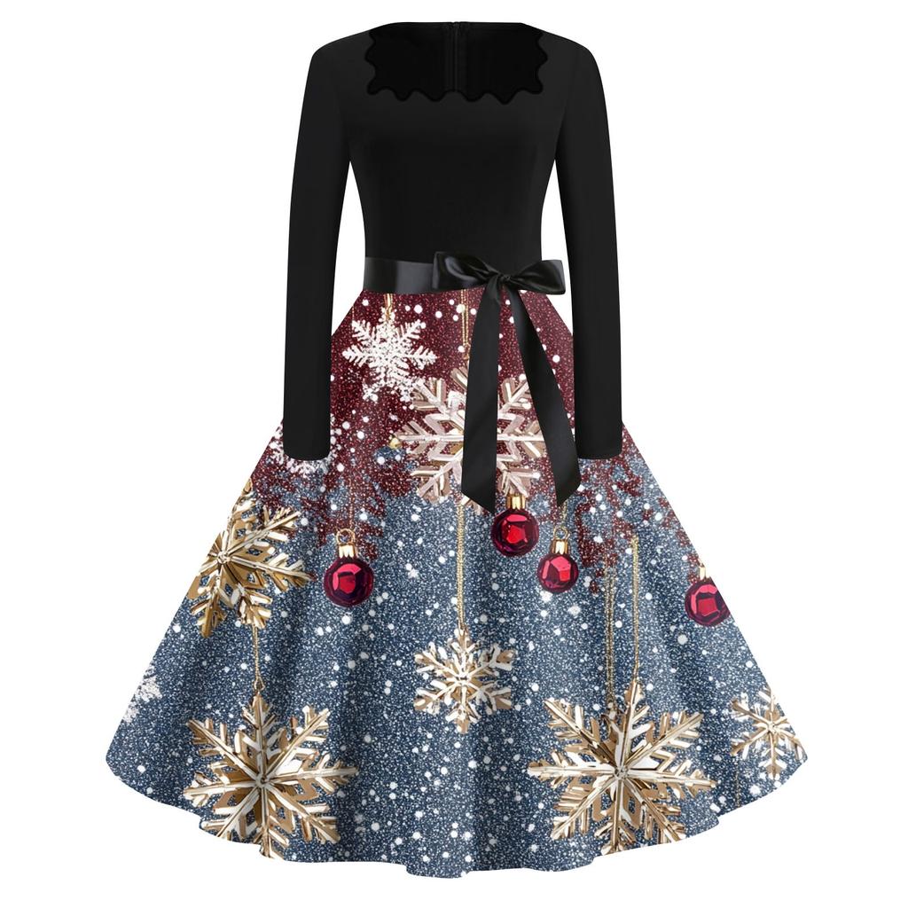 Women's Fashion Casual Square Neck Slim Christmas Printed Long Sleeve Dresses