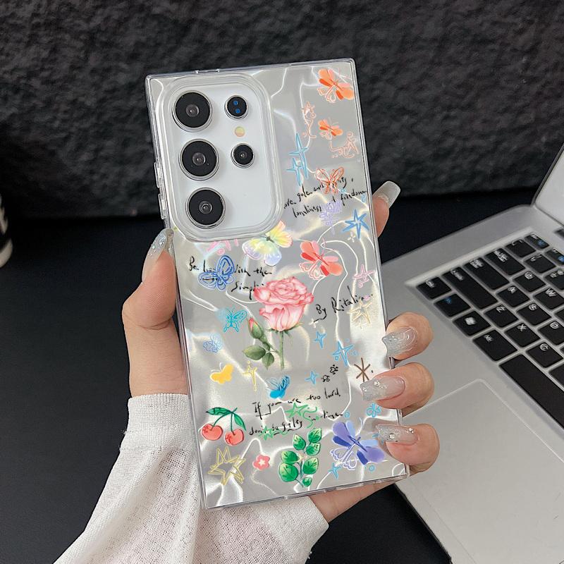 Чехол-накладка из мягкого блестящего полиуретана с цветочным принтом для Samsung S25 Ultra S24 FE S23 A36 A56 A16 A55, тонкий, ударопрочный, жесткий чехол для телефона из ПК с перьями