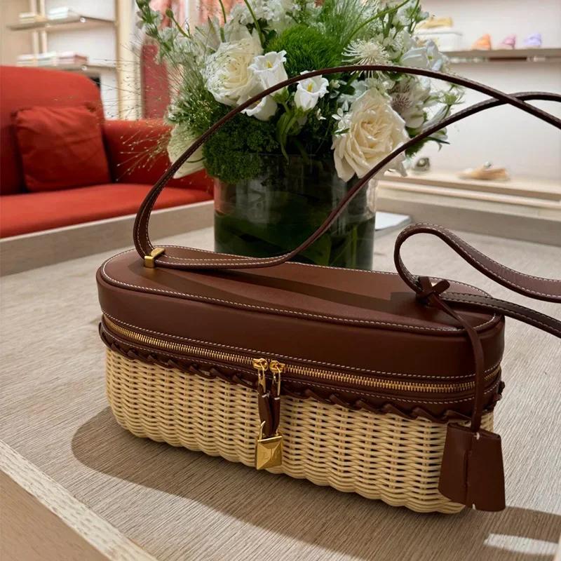 2025 Luxury Designer Fashion Woven Bamboo Box Bag Women Trendy PU Leather Splicing Rattan Handbags Travel Versatile Shoulder Bag
