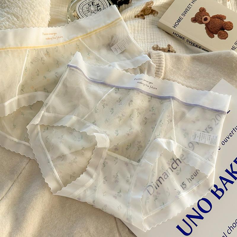 Women Fashion Sexy Lace Sheer Mesh Mid Waist Briefs Underwear