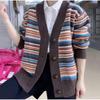Women's Chic Color Line Knit Cardigan - Loose Slimming Outerwear for Autumn and Winter