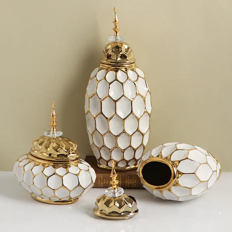 Керамическая ваза с золотым ободком, банка для хранения имбиря, винтажная фарфоровая ваза, емкость для хранения с заостренной крышкой, ваза для цветов, украшение для дома, орнамент