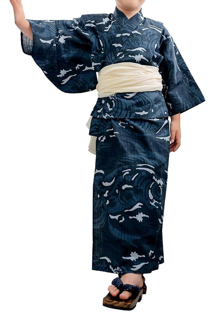 Yukata Change Set Heiko Boys X Blue Heigo Obi [KYOETSU] Set, Weave, 3-piece (yukata, Obi, Geta) (110, 1-wave + Kinari)