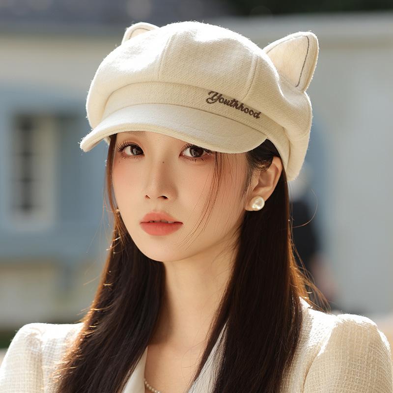 Шапка Осень и Зима Женская Милая Вышитые Буквы Кошачьи Ушки Берет Шляпа Художника