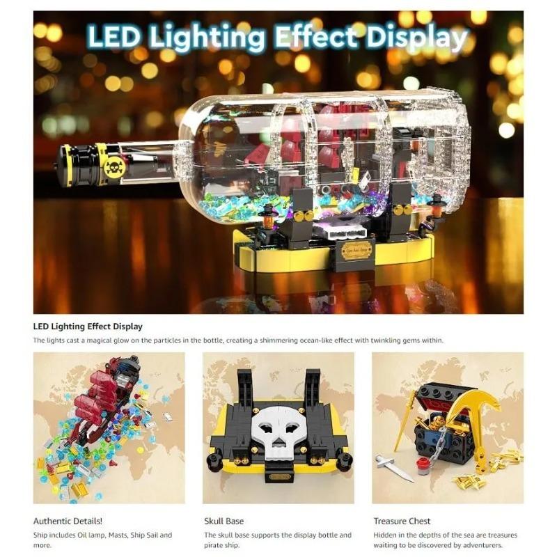 924 шт. креативный корабль в бутылке, строительные блоки, красный парус, модель пиратского корабля, набор кирпичей со светом, детские игрушки «сделай сам», подарок на день рождения