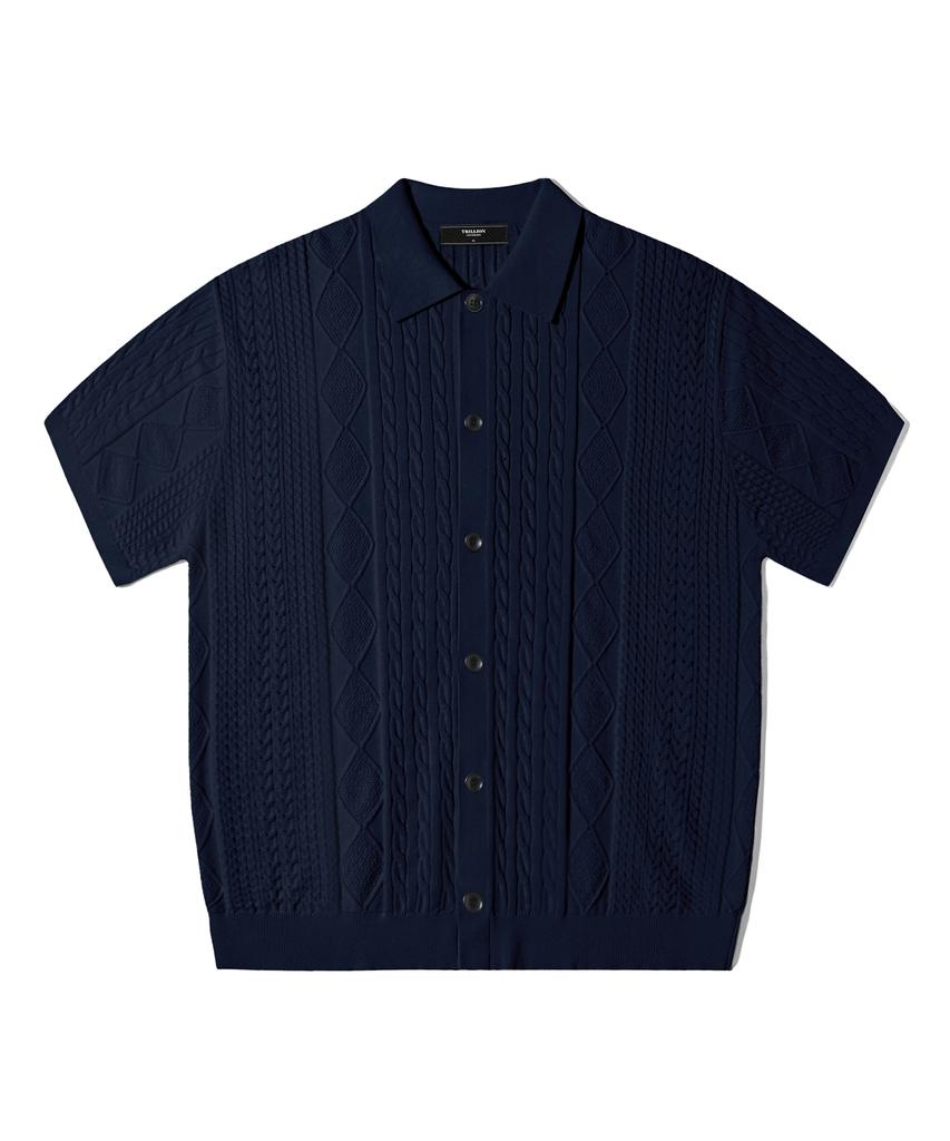 TRILLION Washable Cable Half Sleeve Button-Up Knit (Navy)