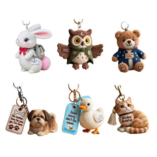 Emotional Support Bag Charm Positive Plush Animal Pendant Cat Dog Keychain Charm with Embroidered Message for Backpack Purse