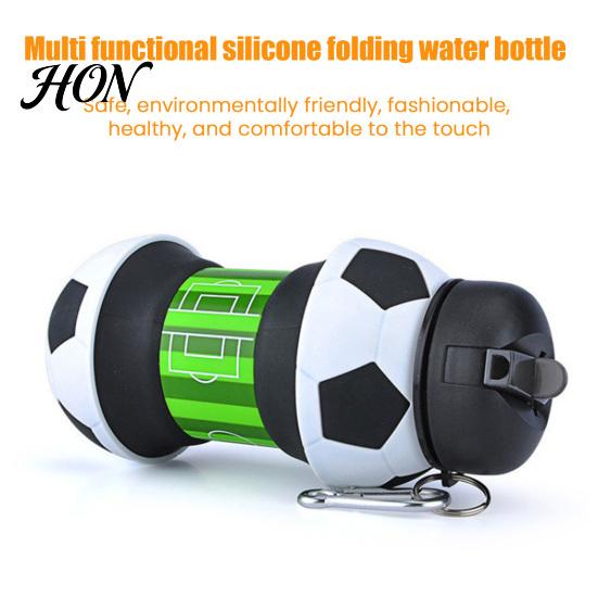 Portable Sports Cup Collapsible Silicone Ball Water Bottle, 550ml Foldable Football Bottle with Heat Resistant Mug Climbing Buckle, Leak Proof