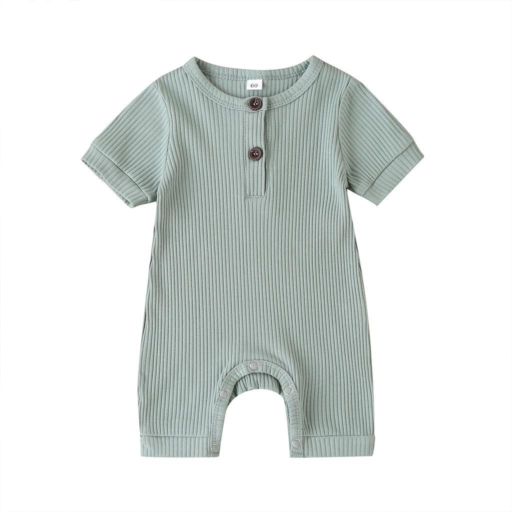 Newborn Baby Short Sleeve Romper Knit Ribbed Solid Color Cotton Jumpsuits One Piece O-Neck Button Pajamas Playsuit