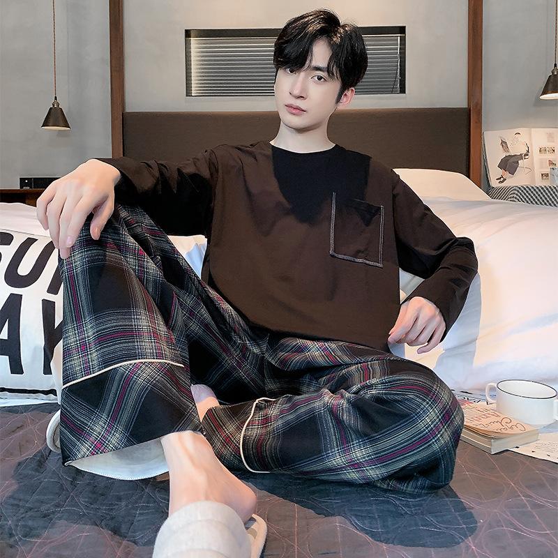 Весенняя хлопковая пижама для мужчин, домашняя одежда для сна, синяя клетчатая пижама, мужская пижама, домашняя одежда, пижама Hombre