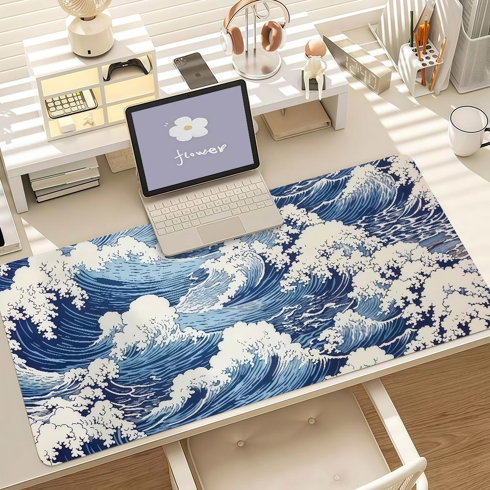 Japanese Blue Waves Large Mouse Pad Gaming Desk Mat Nonslip Rubber Base For Laptop Pc Desktop Decor