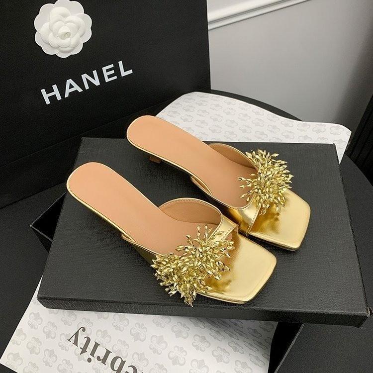 Rhinestone High-heeled Cool Slippers Female Summer 2025 New Outer Wear High-end Fairy Style with Skirt Thick Heel Silver Slippers