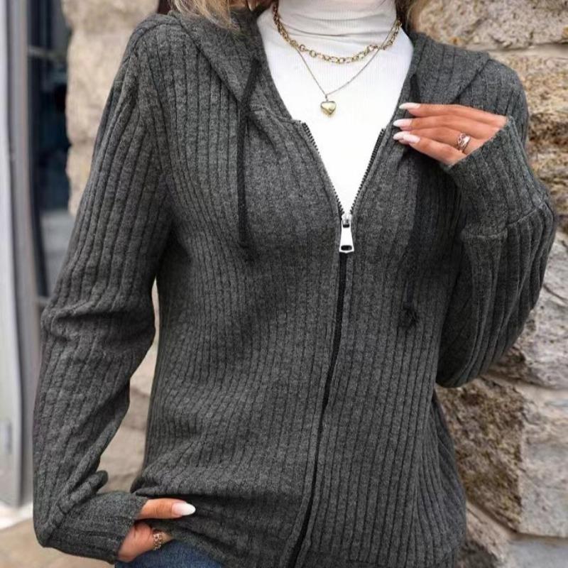 Новая осенняя повседневная полосатая куртка с капюшоном женская свободная трикотажная кардиган на молнии