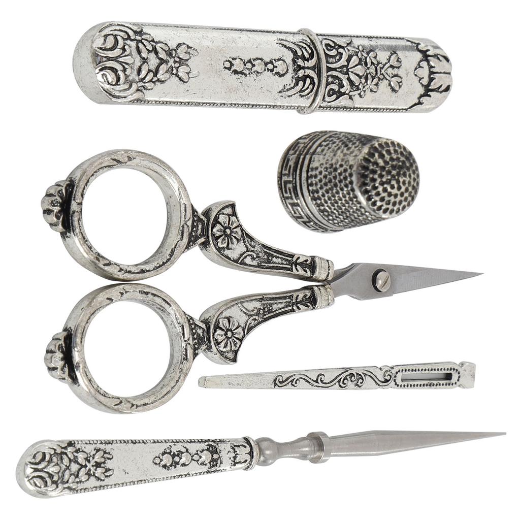 Retro Sewing Scissors Set Silver Threading Needle Thimble Household Cutting Tools Boxed