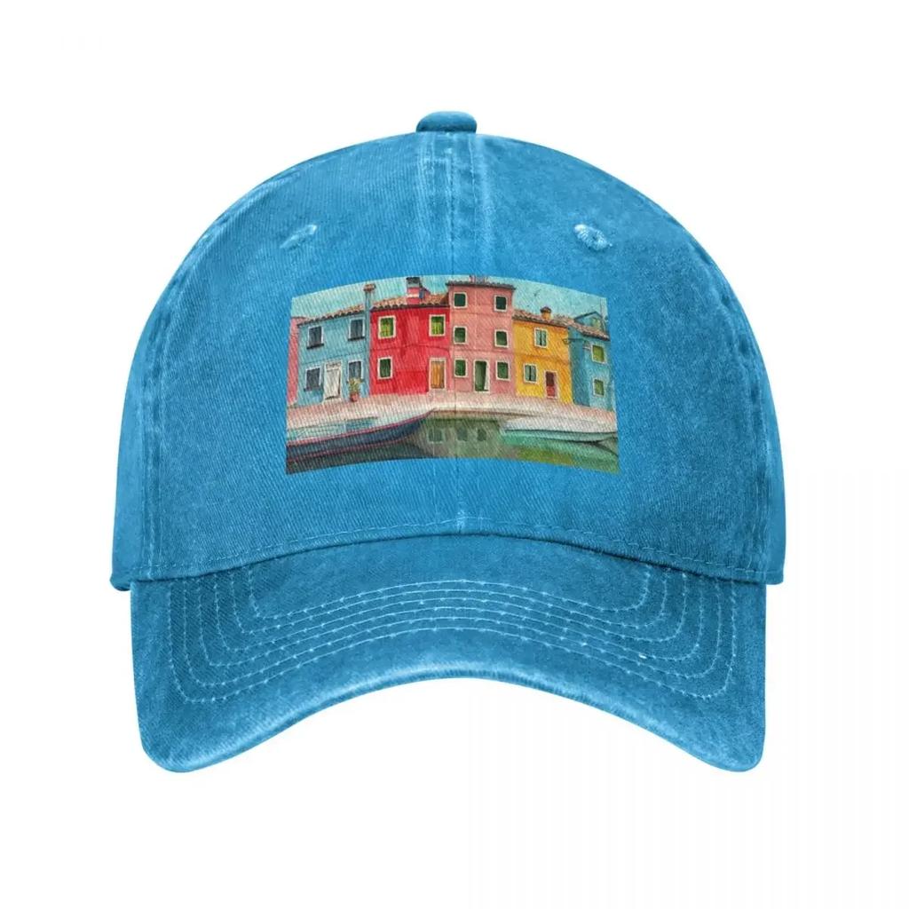 Watercolor Burano quarter in Venice Baseball Cap summer hat Fishing cap Vintage Women's Hats Men's