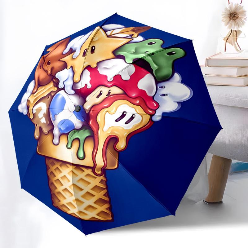 1pc Mario Ice Cream Cones Automatic Umbrella   8 Rib Portable Folding Black Iron Frame for Outdoor, Beach, Travel, Beach Umbrella 168