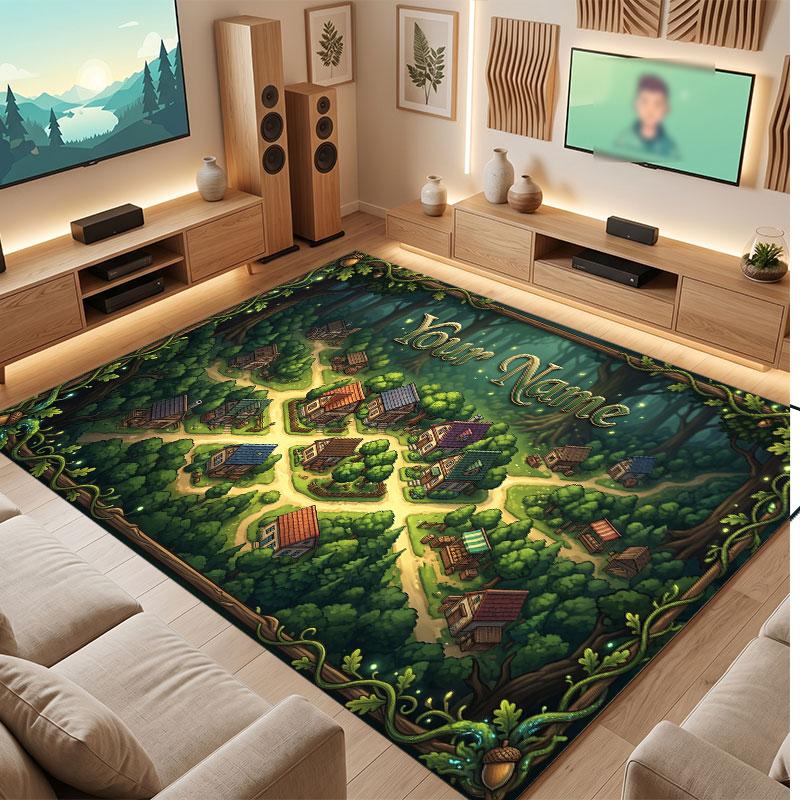 Mushroom Forest Theme Crystal Velvet Floor Rug Personalized Custom Name Text Warm Carpet Home Decoration