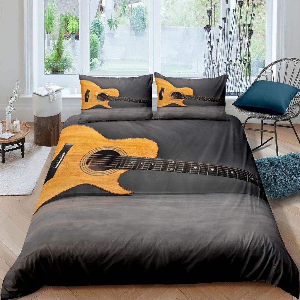 Guitar Duvet Cover Set Music Theme Bedding For Teens Microfiber Vintage Grey Guitar On Wooden Floor Quilt Cover Queen King Size