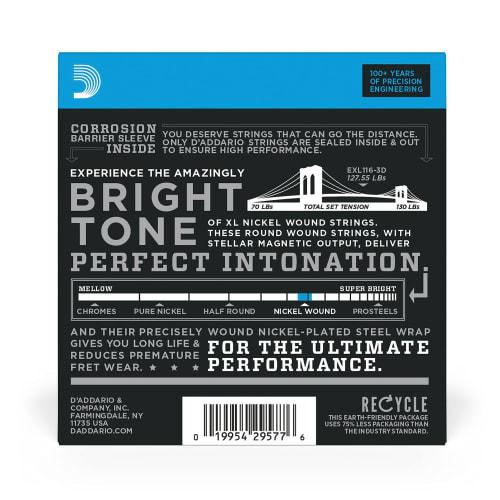 D'Addario Electric Guitar Strings, XL Nickel, .011-.052, Medium Top/Heavy Bottom, 3-Pack, EXL116-3D