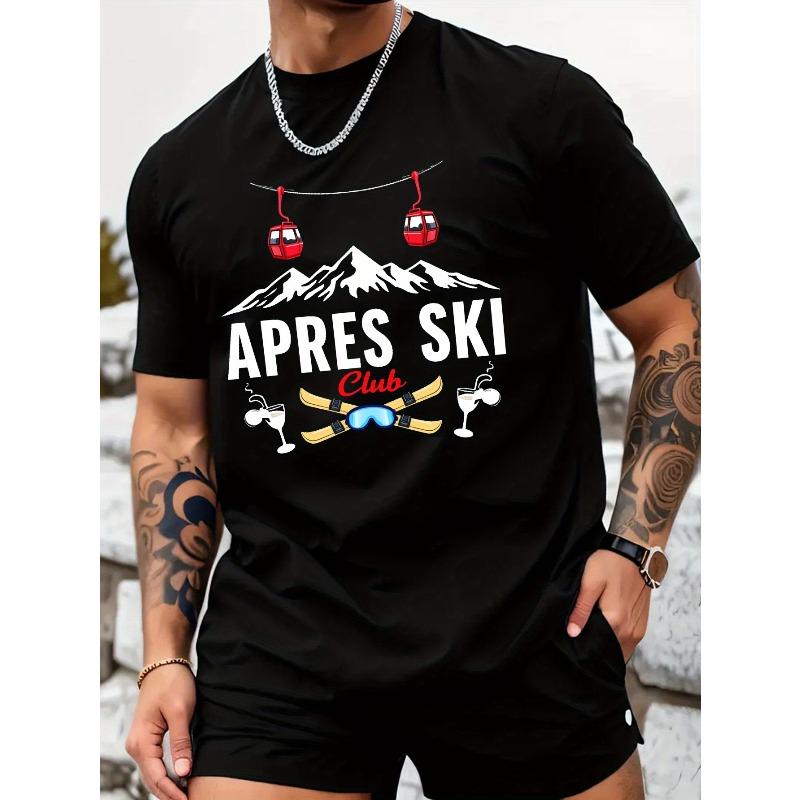 Мужская футболка с графическим принтом Apres Ski Club - Хлопок, Повседневная летняя футболка с принтом на тему катания на лыжах, Круглый вырез, Обычный крой, Дышащая микроэластичная трикотажная ткань