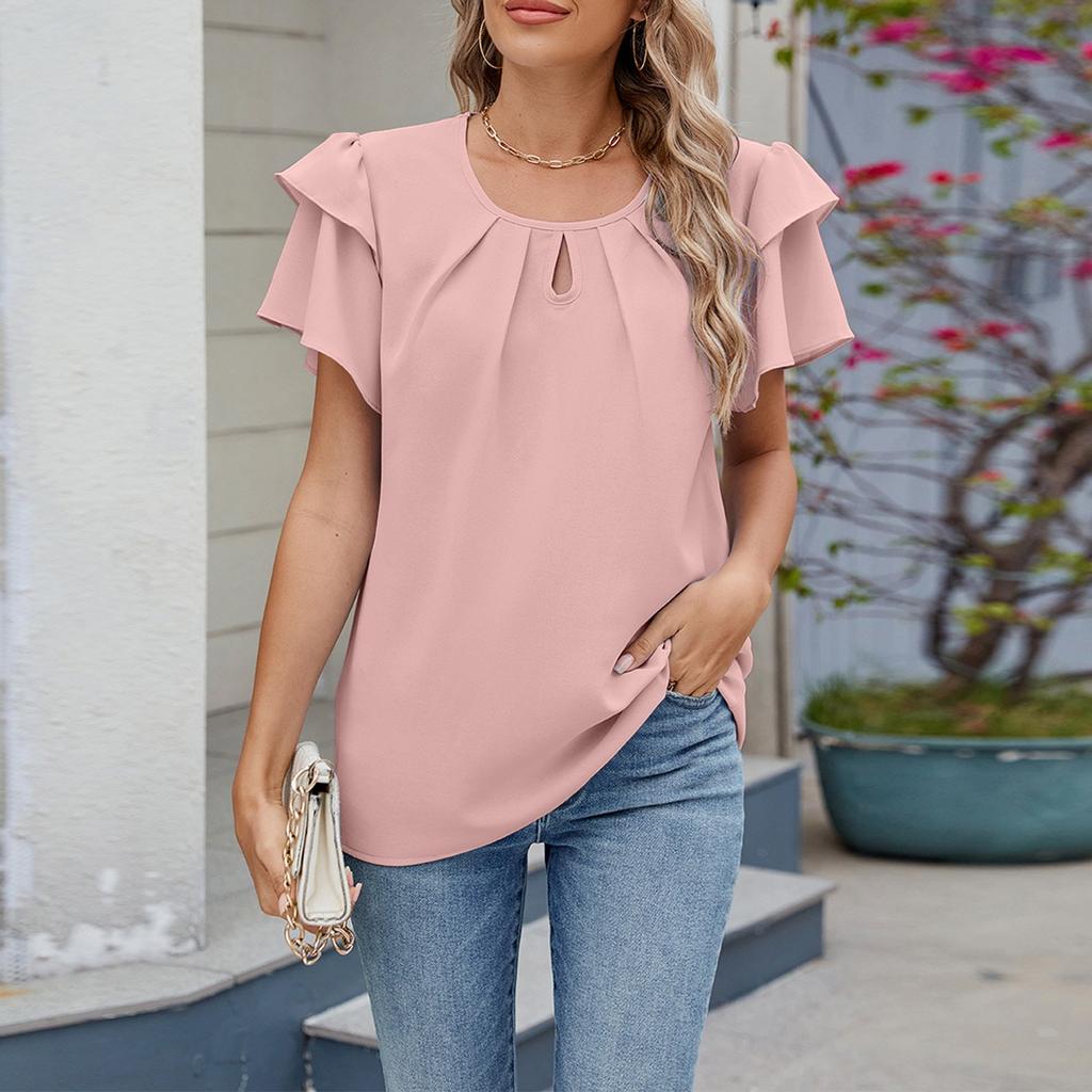 Женские весенние и летние топы, модные женские свободные однотонные топы с круглым вырезом и коротким рукавом из шифона