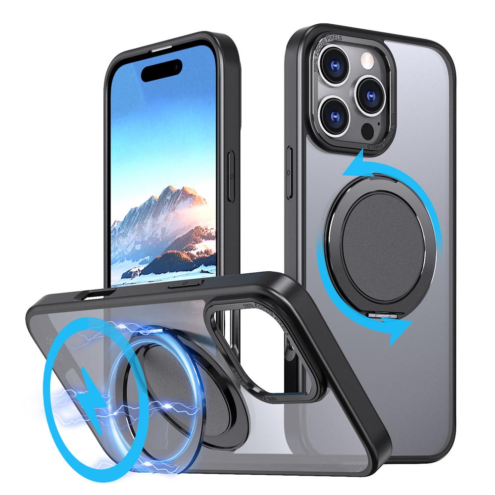 KEYSION Противоударный матовый чехол для MagSafe для iPhone 16 Pro Max с вращающимся на 360 ° магнитным кольцом-подставкой, прозрачная задняя крышка для телефона