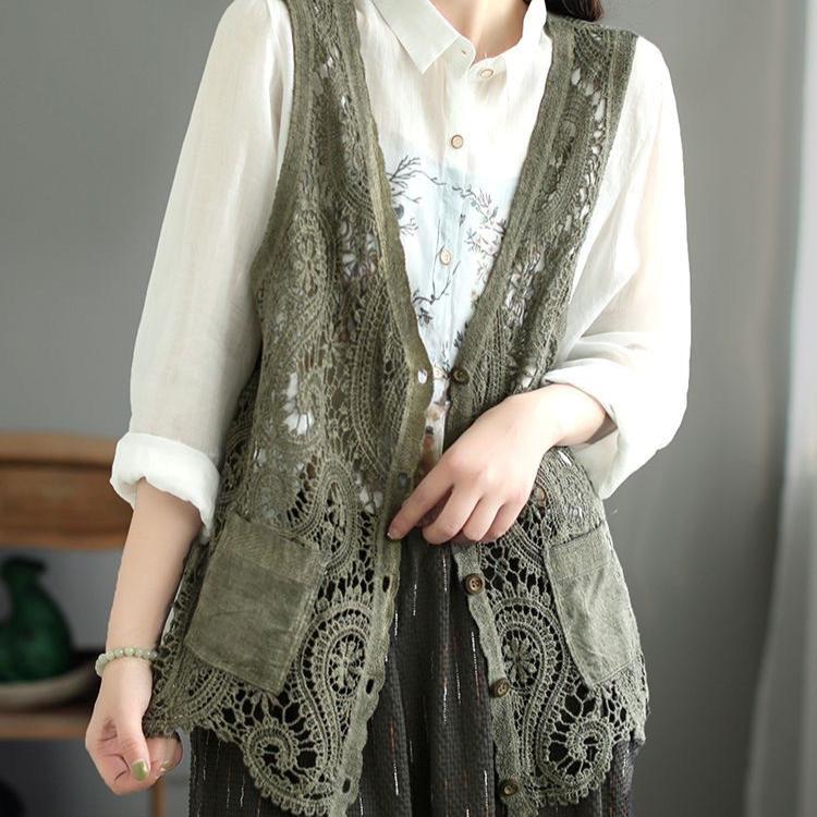 Летний женский кружевной жилет, свободный кардиган с вырезом, жилет в богемном стиле из хлопка с V-образным вырезом, тонкая верхняя одежда