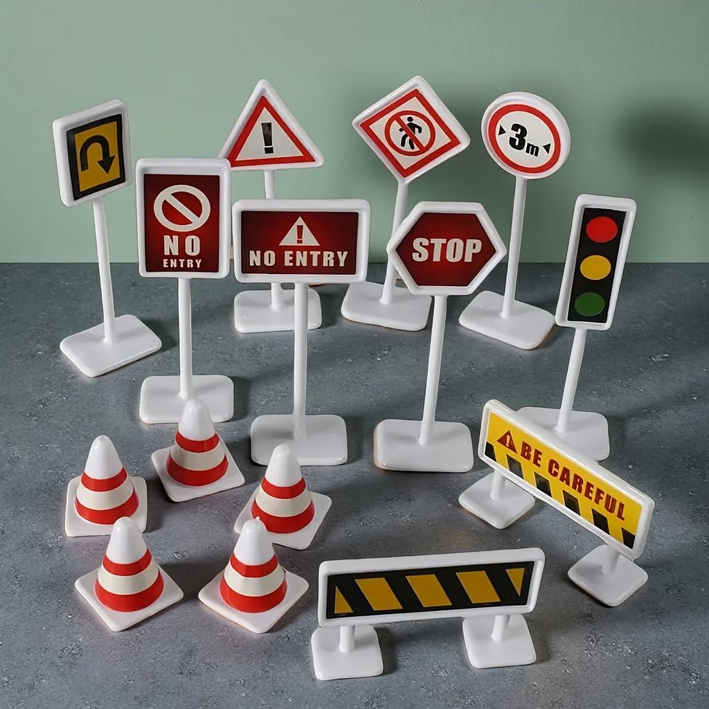 15Pcs Traffic Sign Model Standees, Mini Intersection Light & Barrier Ornaments