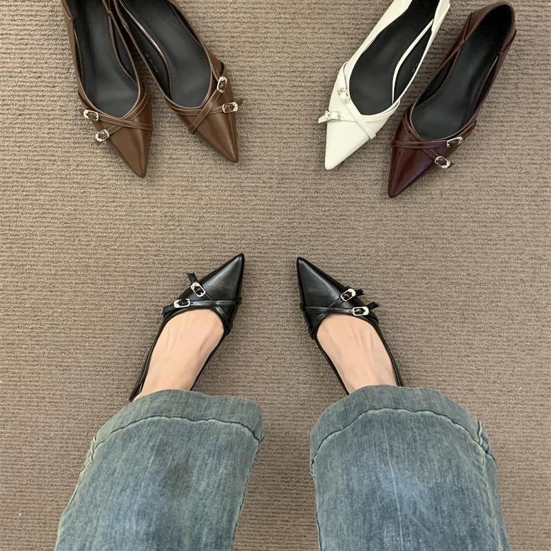 Belt Buckle Small Heel High Heels 2025 Spring and Summer New Pointed Light Mouth Thick Heel Comfortable Low Heel Soft Leather Shoes