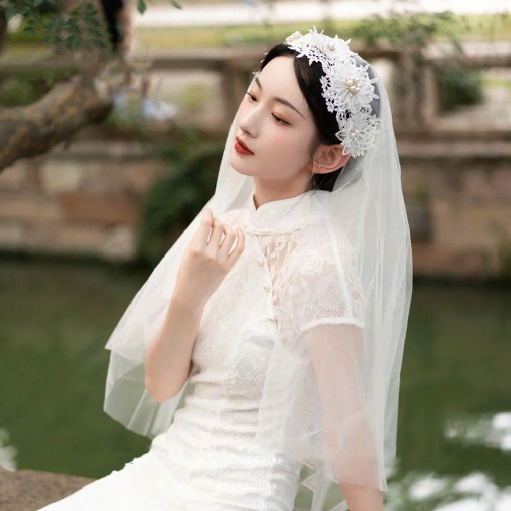 Head Covering White Bridal Veil Lace Bridal Tulle Veil Retro European Wedding Veil Wedding Photos