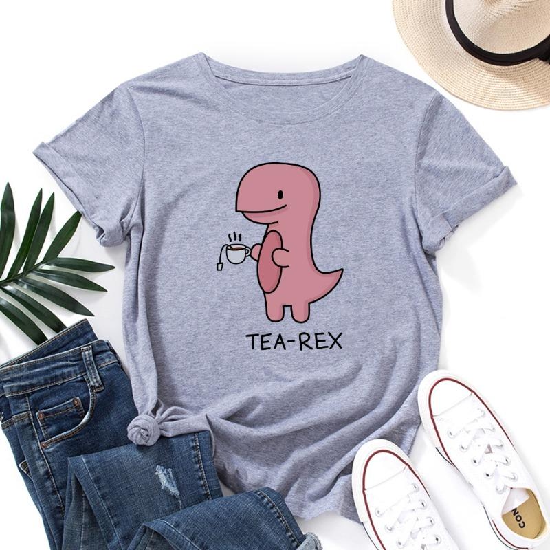 Summer Women's Pink Printed Dinosaur Pure Cotton Loose Round Neck Short Sleeved T-Shirts Women’s